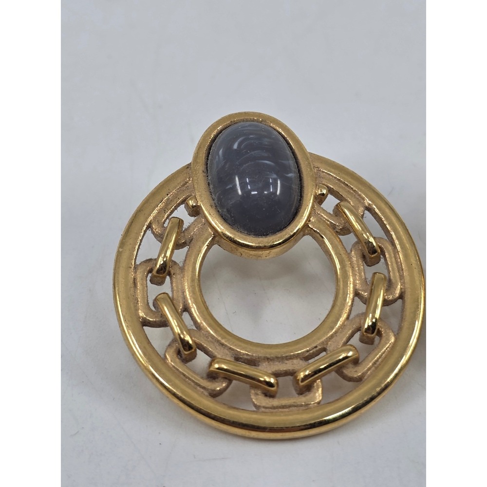 Vintage Gold Tone Door Knocker Earrings Gray Faux Stone Cabochon Greek Key Studs - Picture 3 of 6